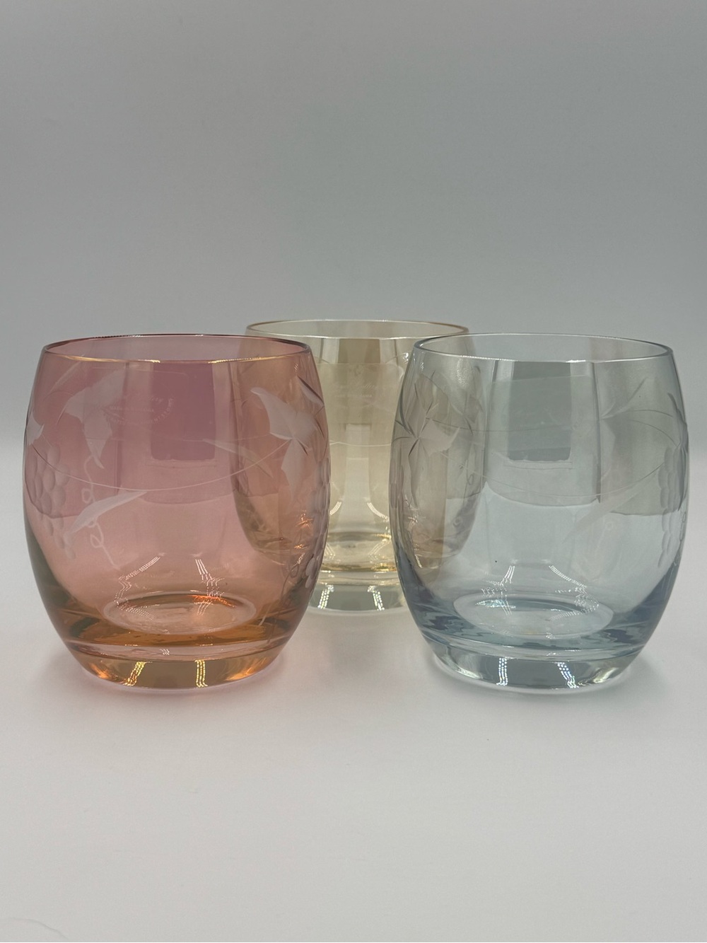 NWT Vintage Royal Gallery Stemless Wine Glasses Pink, Blue, Gold - Set of 3